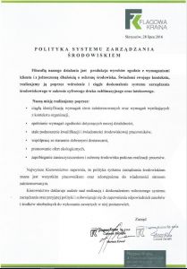 Polityka środowiskowa firmy FLAGOWA KRAINA (ISO 14001)